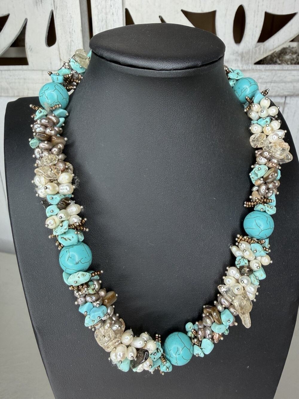 Vintage Turquoise Bead Freshwater Pearl Statement Chunky Necklace Sterling Clasp
